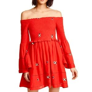 Free People Counting Daisies Red Off Shoulder Embroidered Mini Dress Size Small